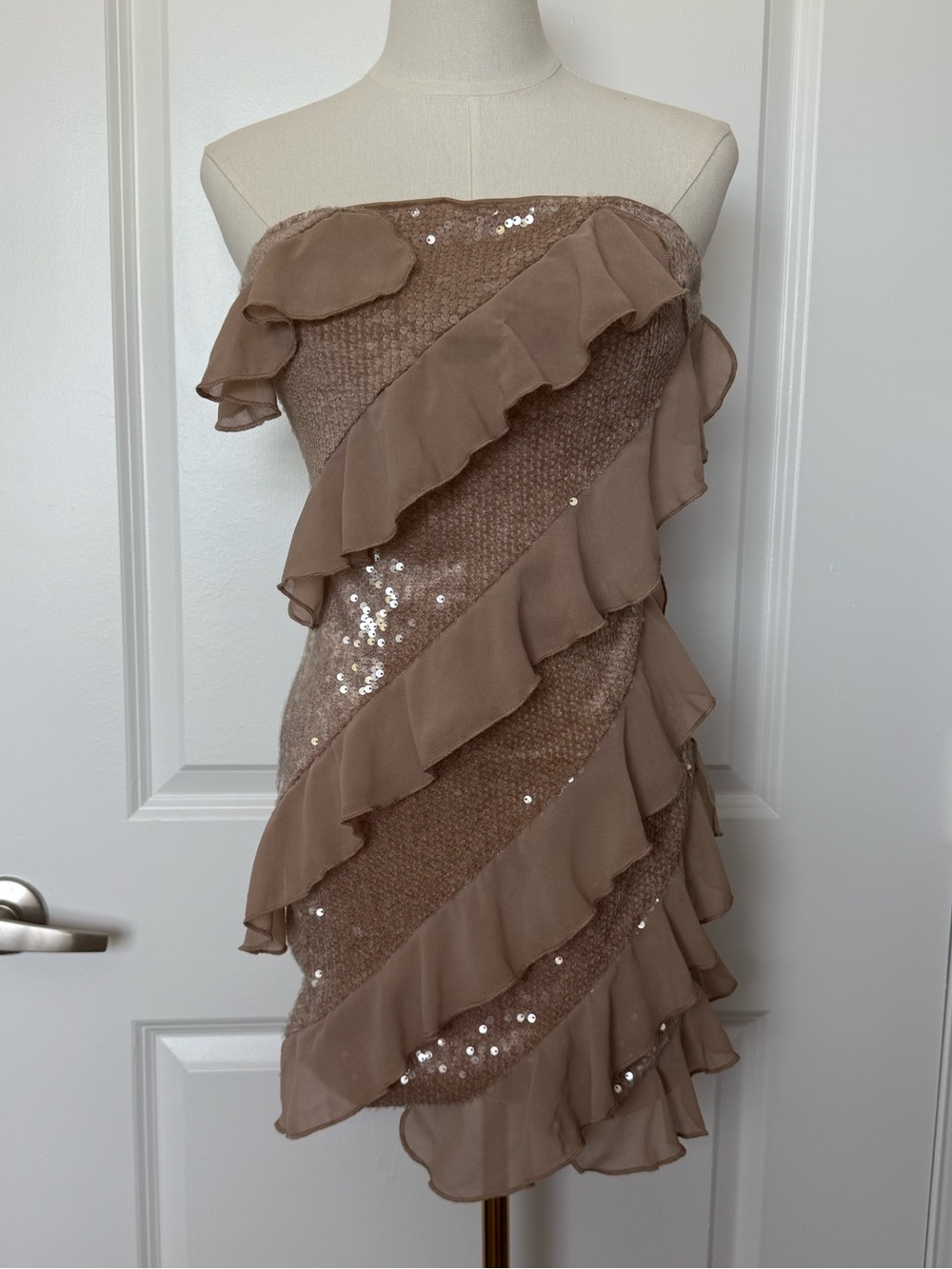 SHEIN HAUTE Strapless Sequin Ruffle Mini Dress Taupe / Tan Size Medium